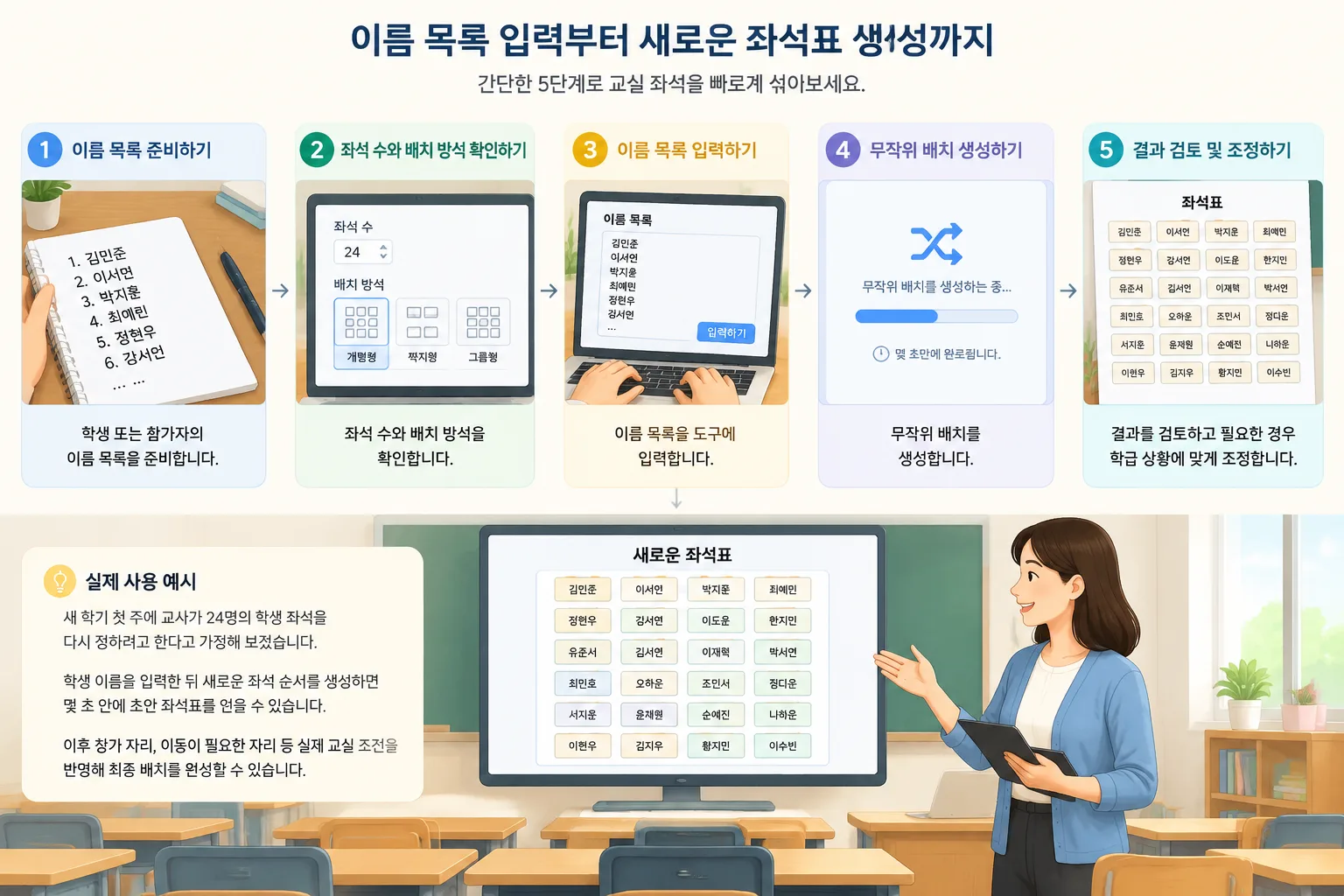 이름 목록 입력부터 새로운 좌석표 생성까지의 단계별 흐름도
