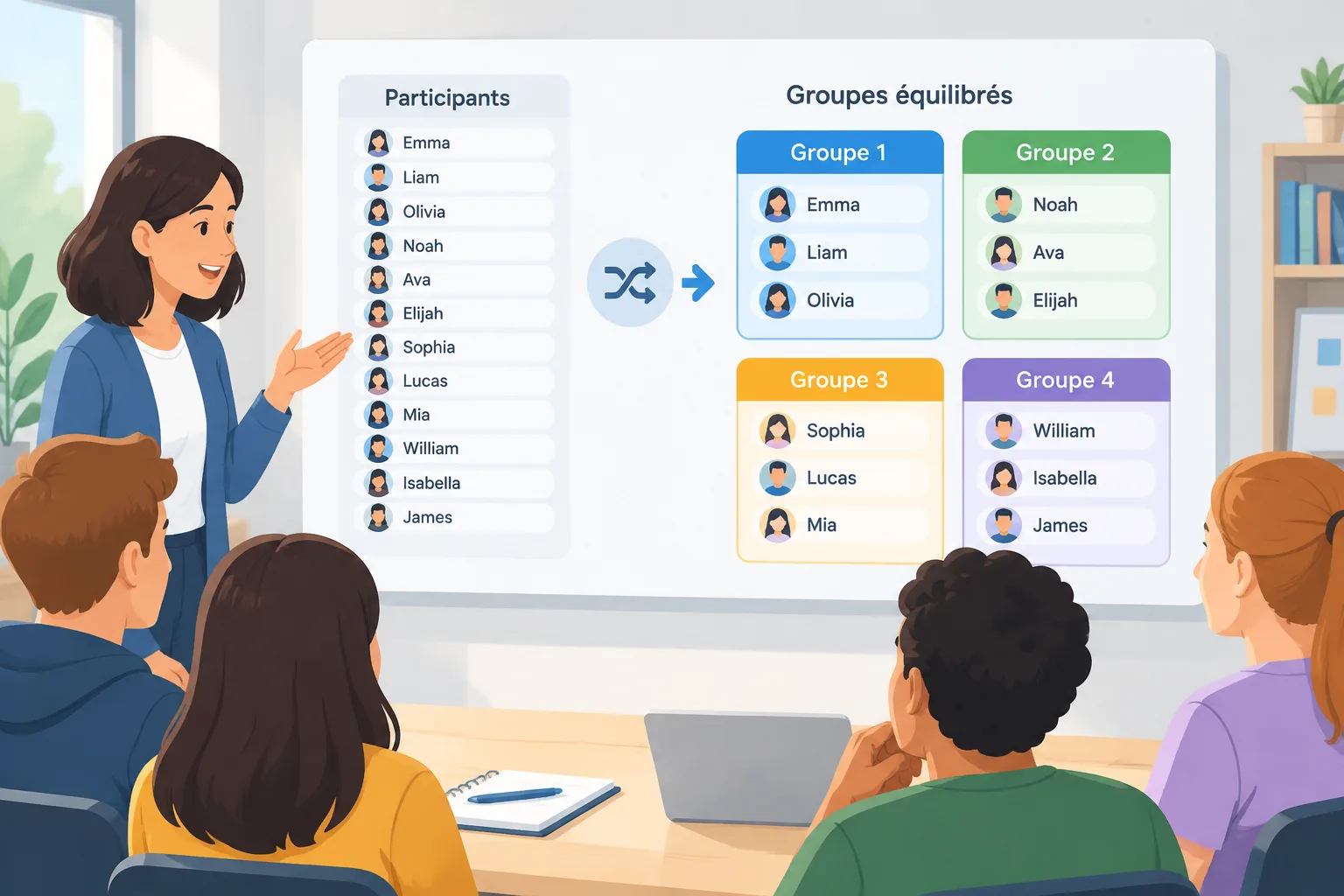 Illustration pédagogique montrant une grille de participants répartis en plusieurs groupes équilibré