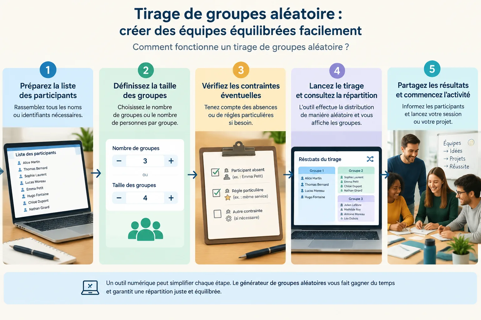 Schéma d'un processus en cinq étapes montrant une liste de noms transformée en groupes de travail éq
