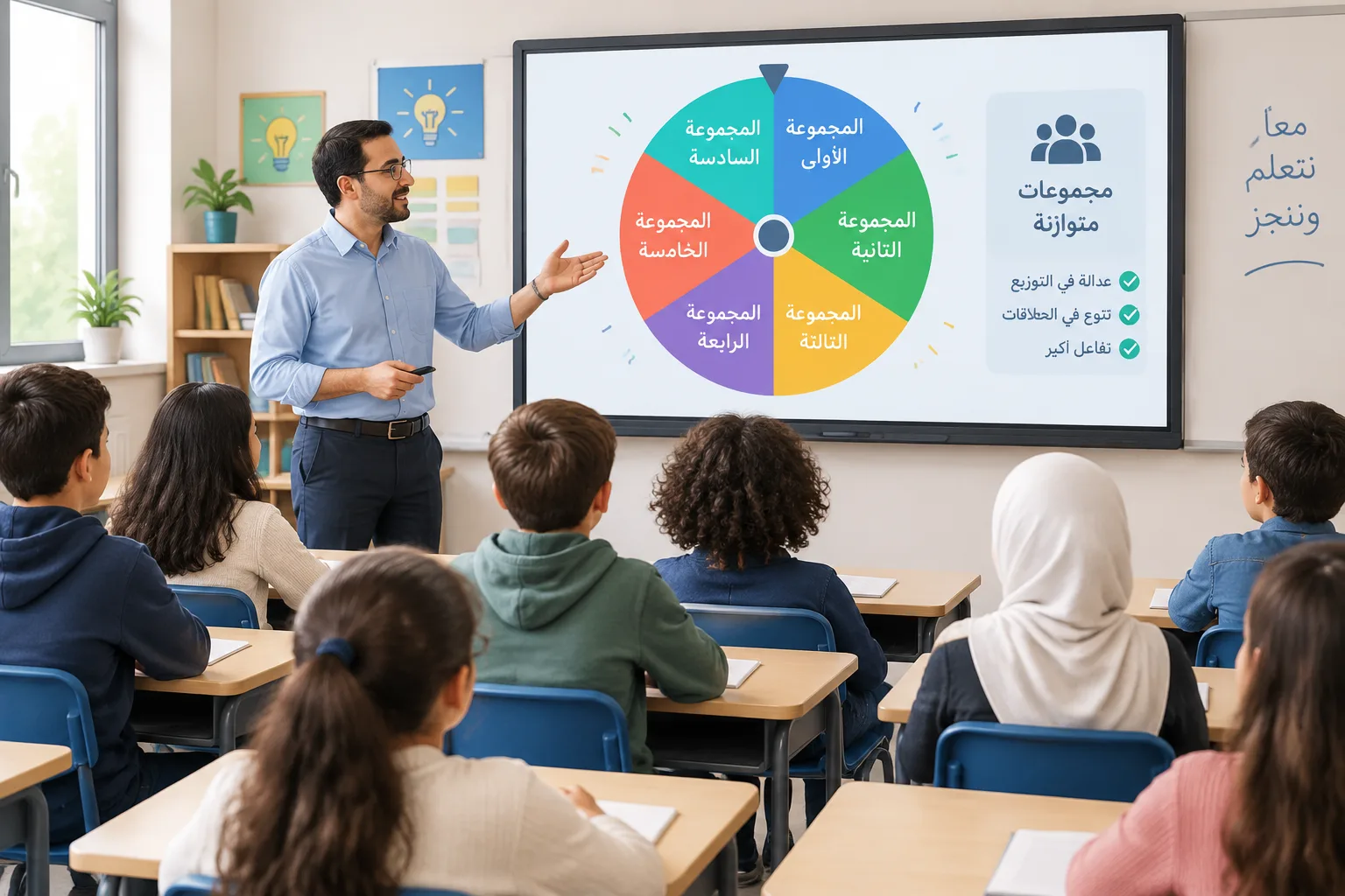معلم يقف أمام شاشة صفية تعرض عجلة دائرية ملونة بأسماء مجموعات، وطلاب يجلسون في صفوف يتابعون