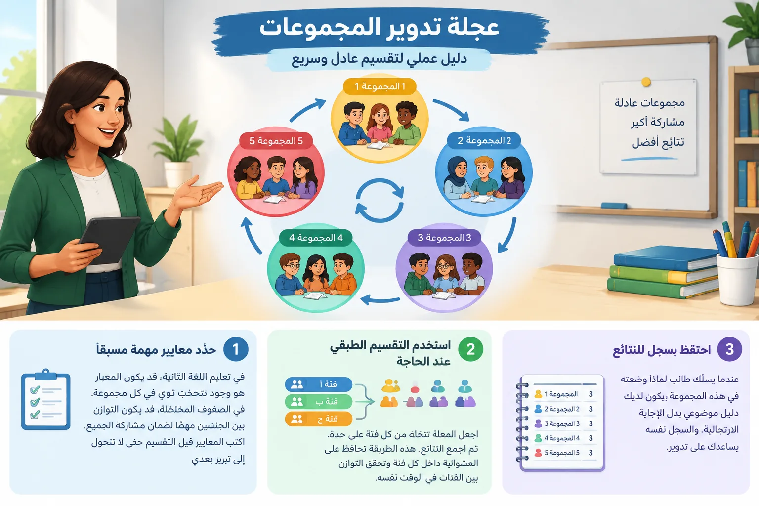 شبكة مربعات تعرض خمس مجموعات متوازنة بألوان مختلفة مع أسهم تبادل بينها لتدوير الأعضاء