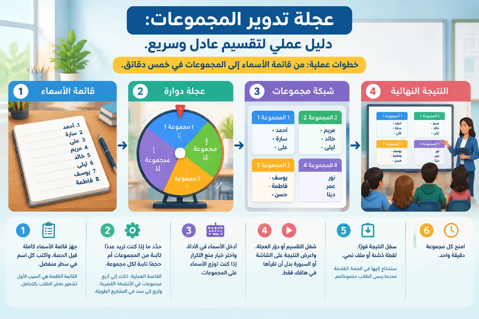 رسم توضيحي لخطوات أربع: قائمة أسماء ثم عجلة دوارة ثم شبكة مجموعات ثم شاشة تعرض الفرق النهائية