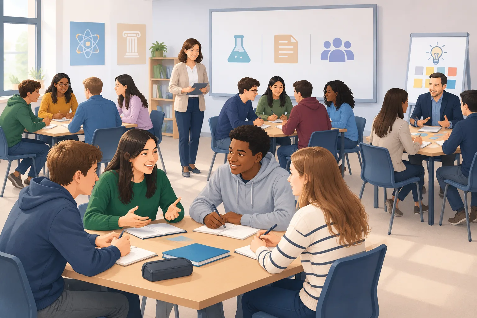 Escena ilustrativa neutral de un taller con participantes organizados en pequeños equipos alrededor