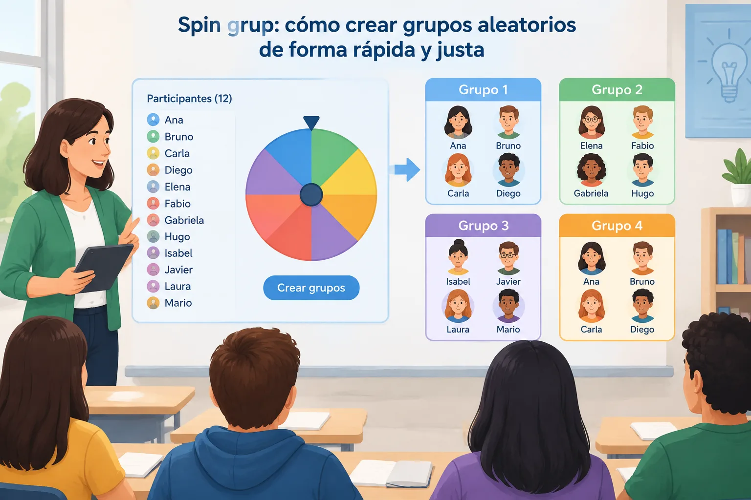 Ilustración educativa de una cuadrícula de participantes divididos en equipos aleatorios mediante un