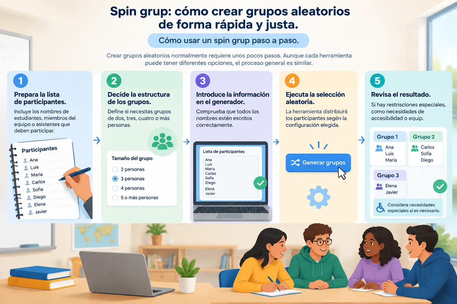 Diagrama instructivo con cinco pasos mostrando preparación de lista