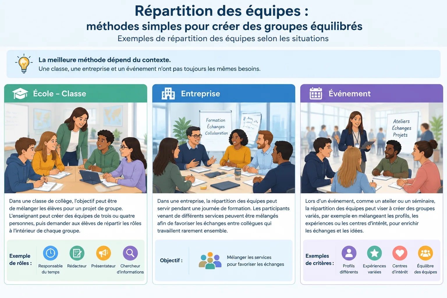 infographie neutre montrant trois contextes de groupes école entreprise événement avec une organisat