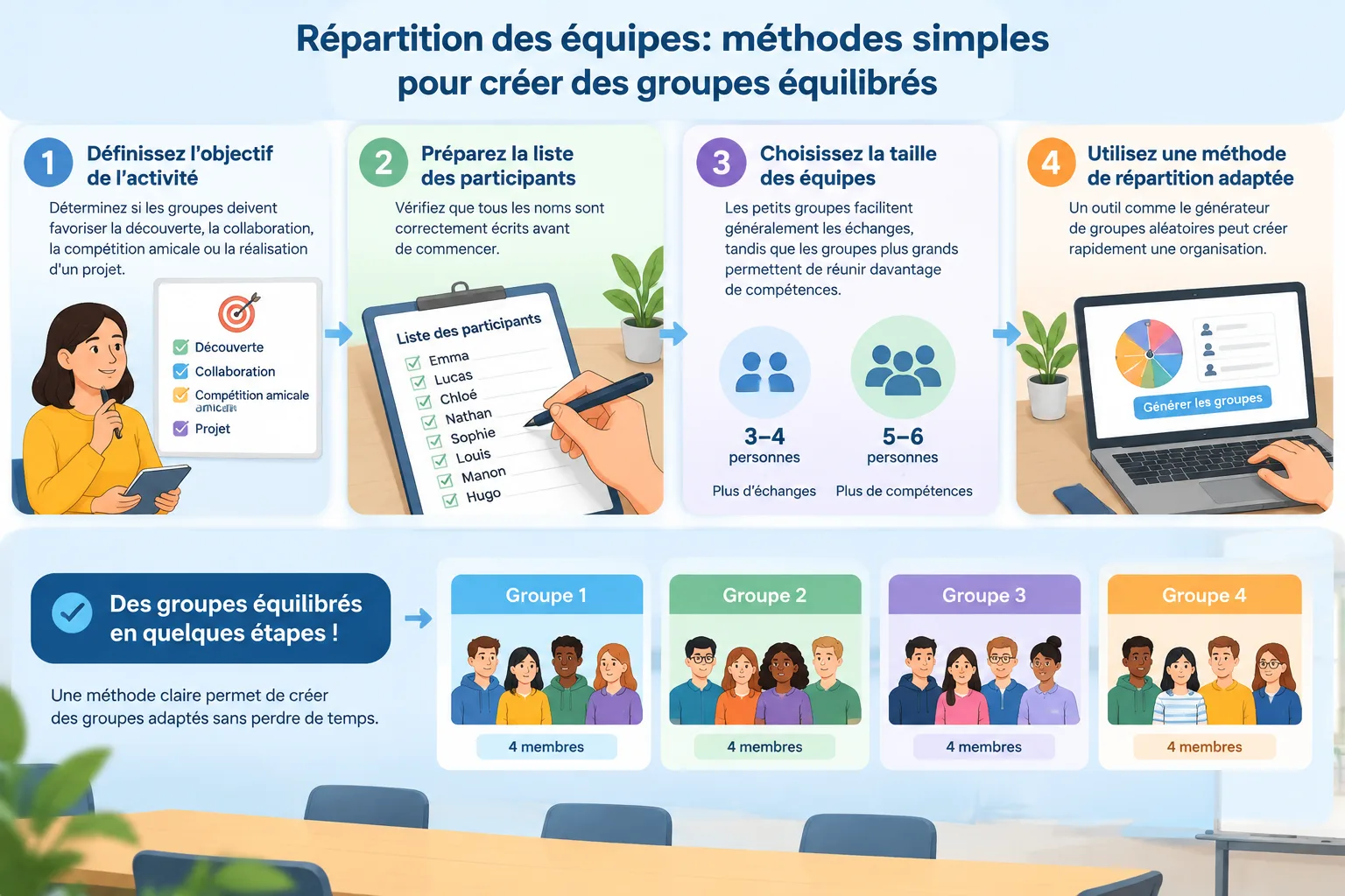 diagramme étape par étape montrant une liste de participants transformée en groupes équilibrés