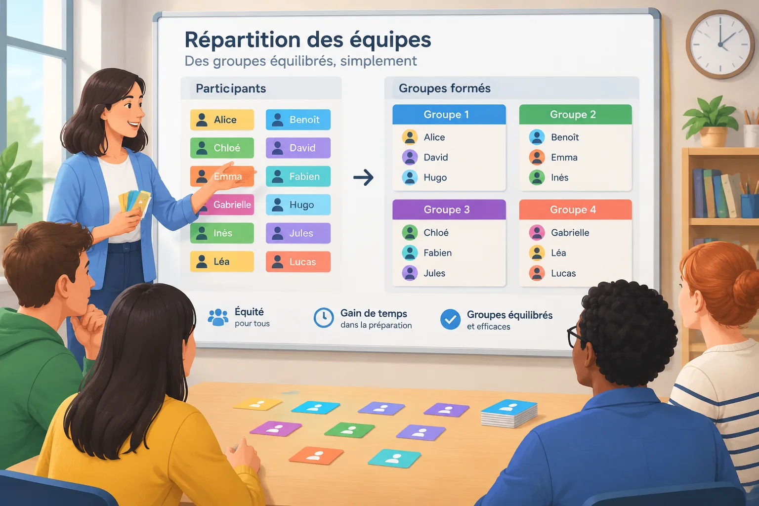 illustration d'un tableau pédagogique montrant une répartition équilibrée de participants en plusieu