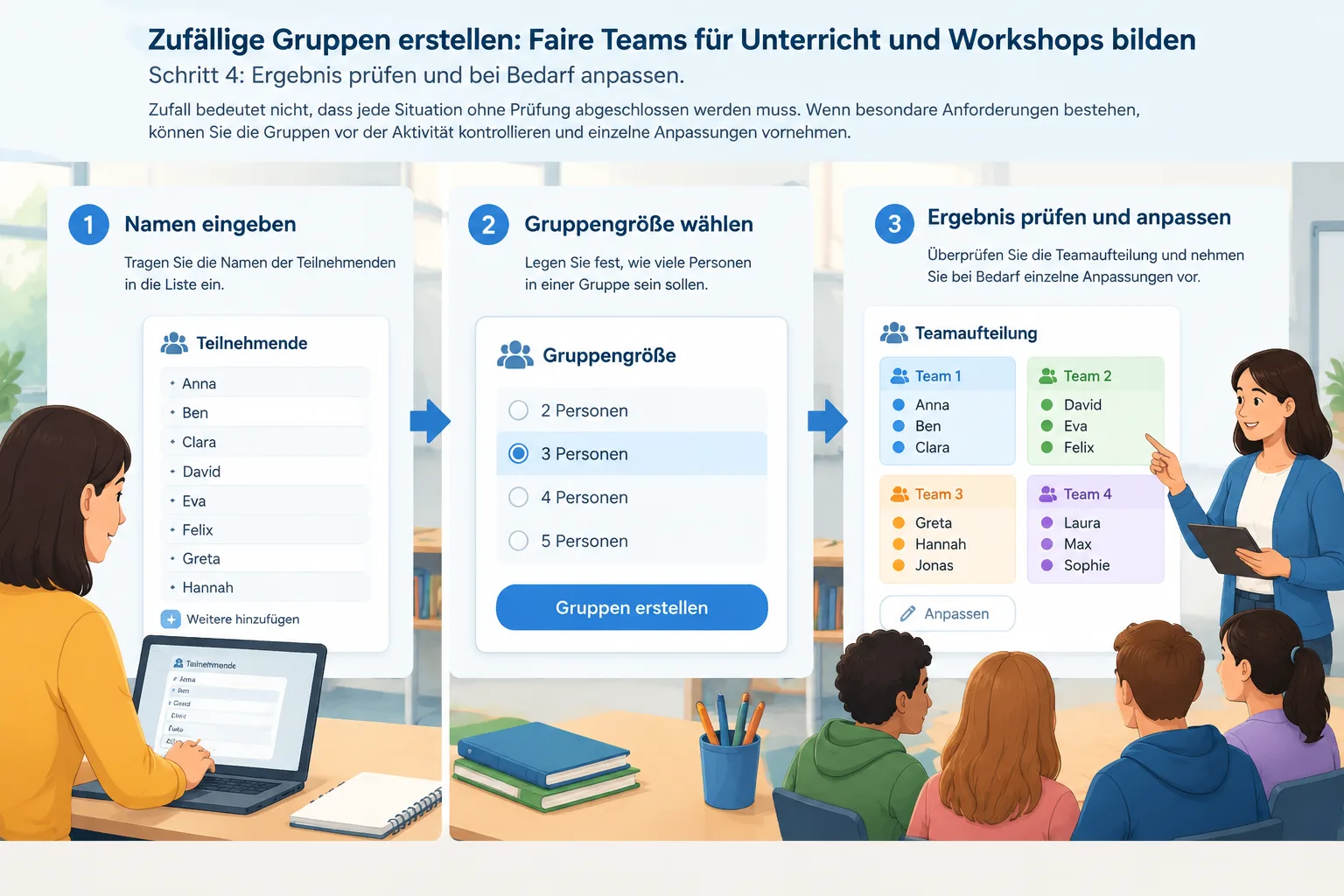 Ein Schritt-für-Schritt-Diagramm zeigt Eingabe von Namen