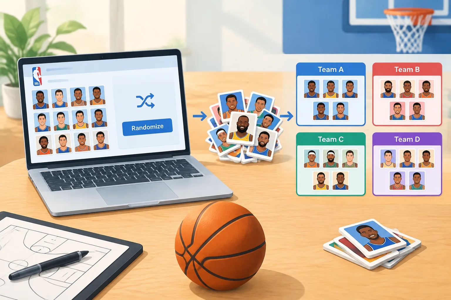 Diagrama educativo de una herramienta que distribuye nombres de jugadores de baloncesto en equipos e