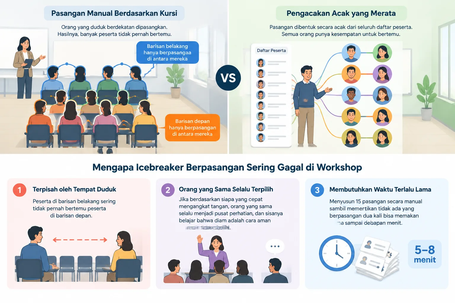Diagram sederhana membandingkan pembentukan pasangan manual berdasarkan kursi dengan pengacakan acak