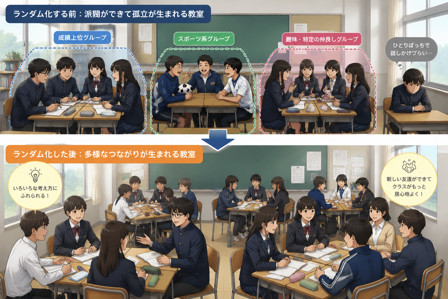 Illustration of a classroom divided into three distinct cliques, with one student isolated, versus the same classroom after randomization where students are mixed in diverse groups.