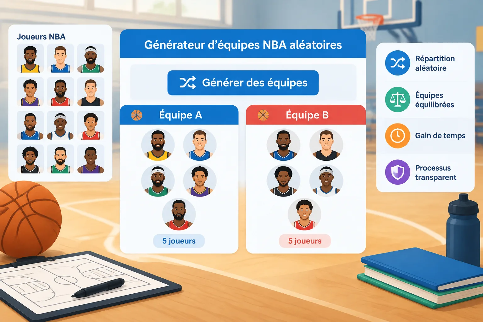 illustration pédagogique montrant une grille de joueurs de basket répartis automatiquement en équipe