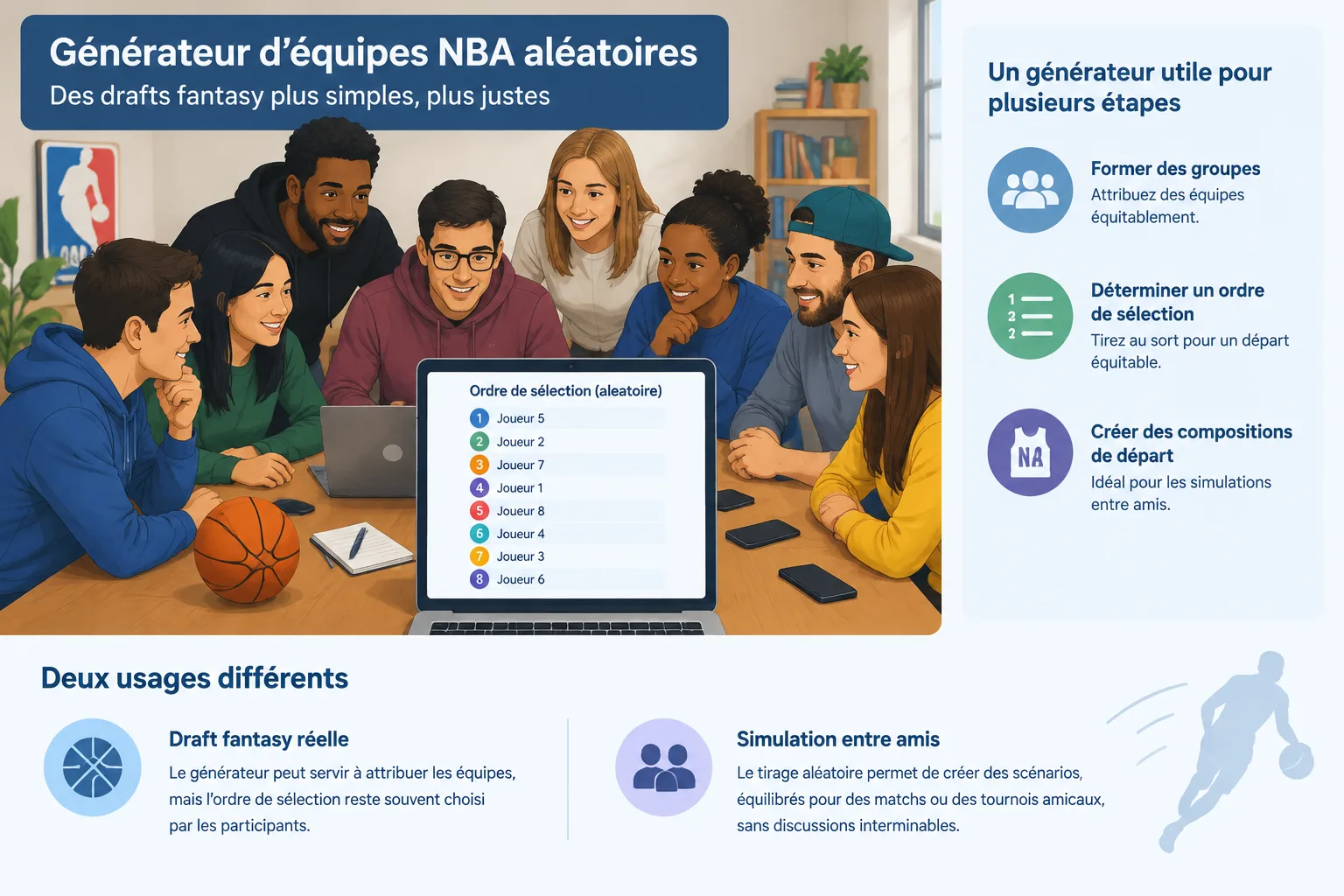 infographie simple montrant une draft fantasy avec des participants et un ordre de sélection généré