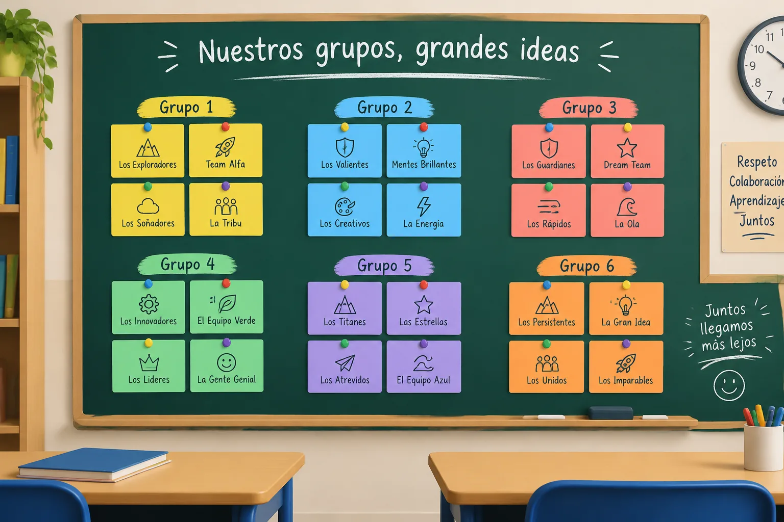 Pizarra de aula con tarjetas de nombres de equipo de colores distribuidas por grupos