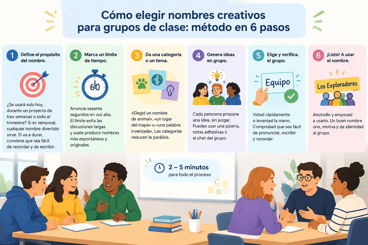 Diagrama de seis pasos para elegir nombre de grupo en clase, con iconos simples y numeración clara