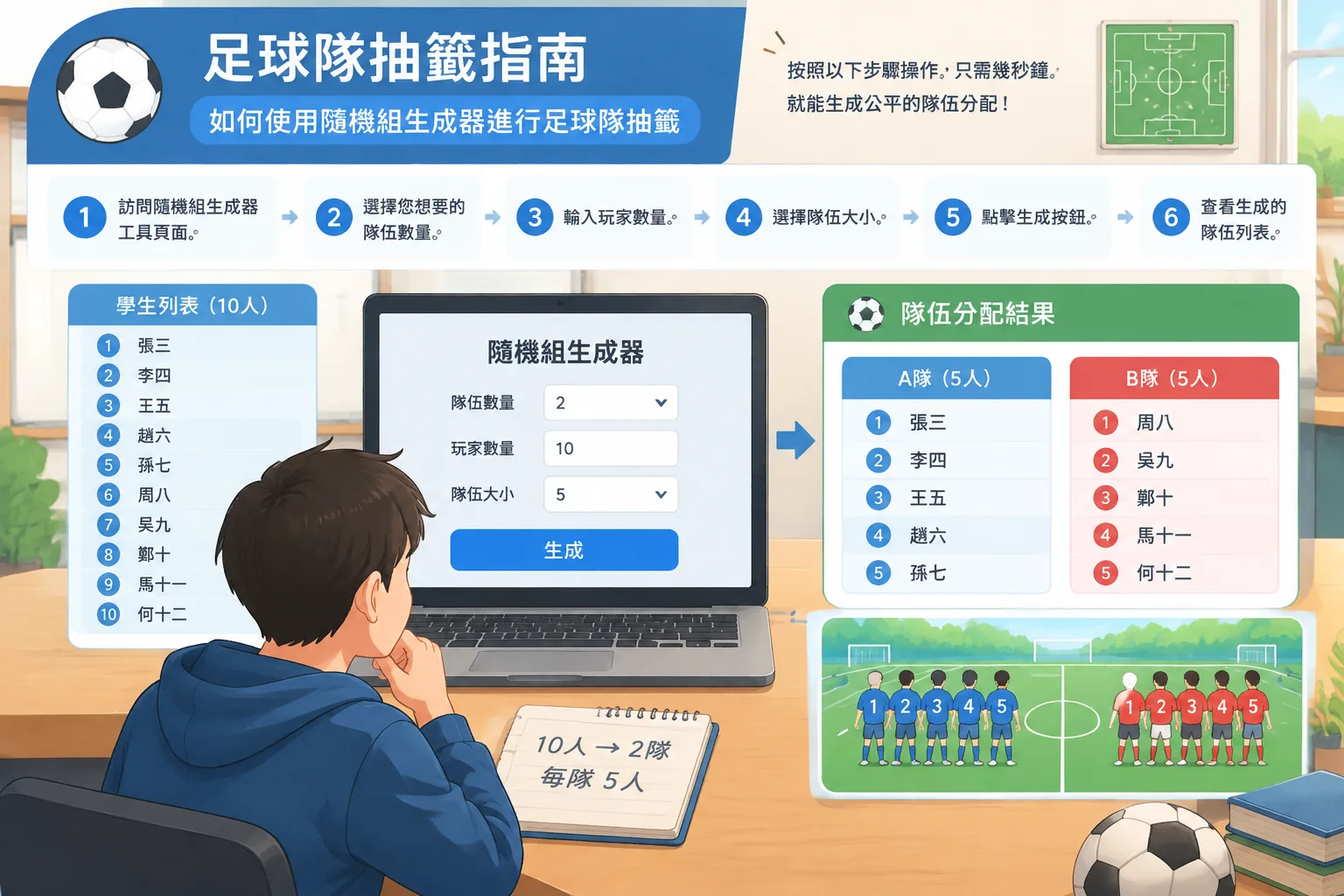 足球隊抽籤過程的圖示,顯示學生列表和生成的隊伍分配結果