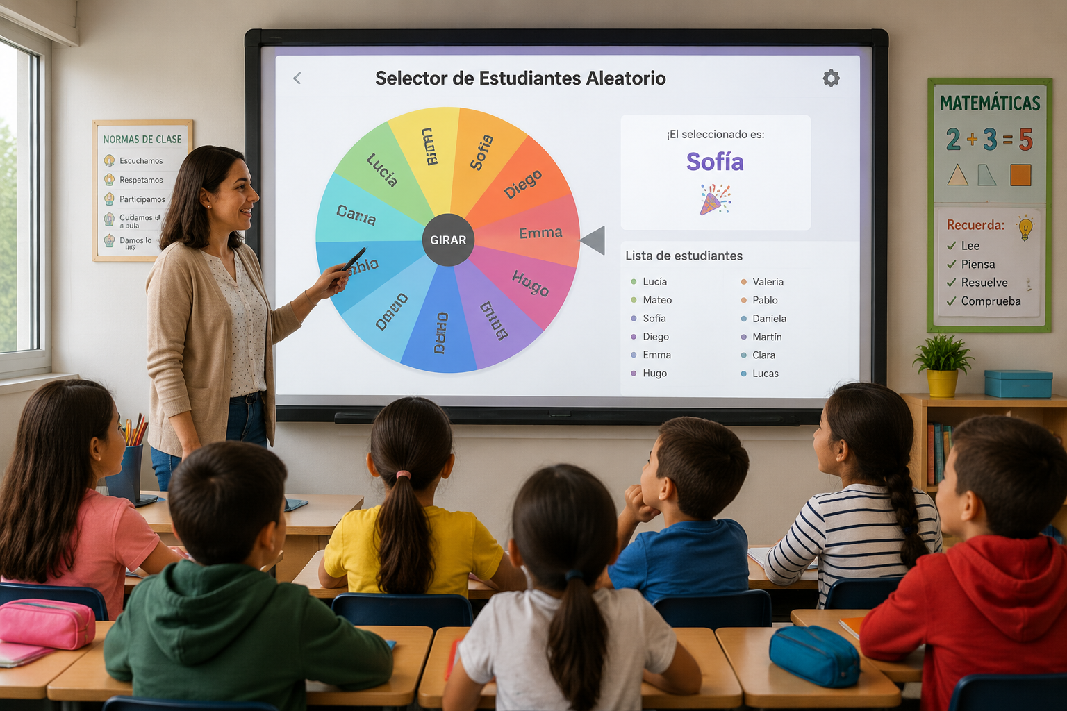Profesor usando el selector de estudiantes aleatorio en una pantalla de proyección en el aula, con estudiantes atentos y la rueda giratoria visible.