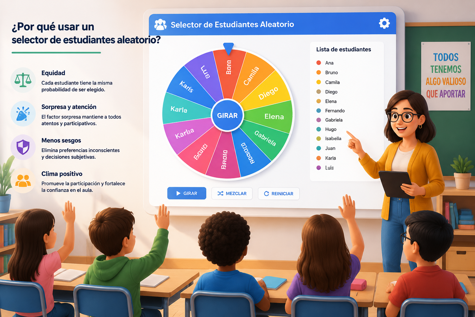 Interfaz del selector de estudiantes aleatorio con rueda giratoria y nombres de alumnos, colores vivos y diseño limpio para uso en clase.