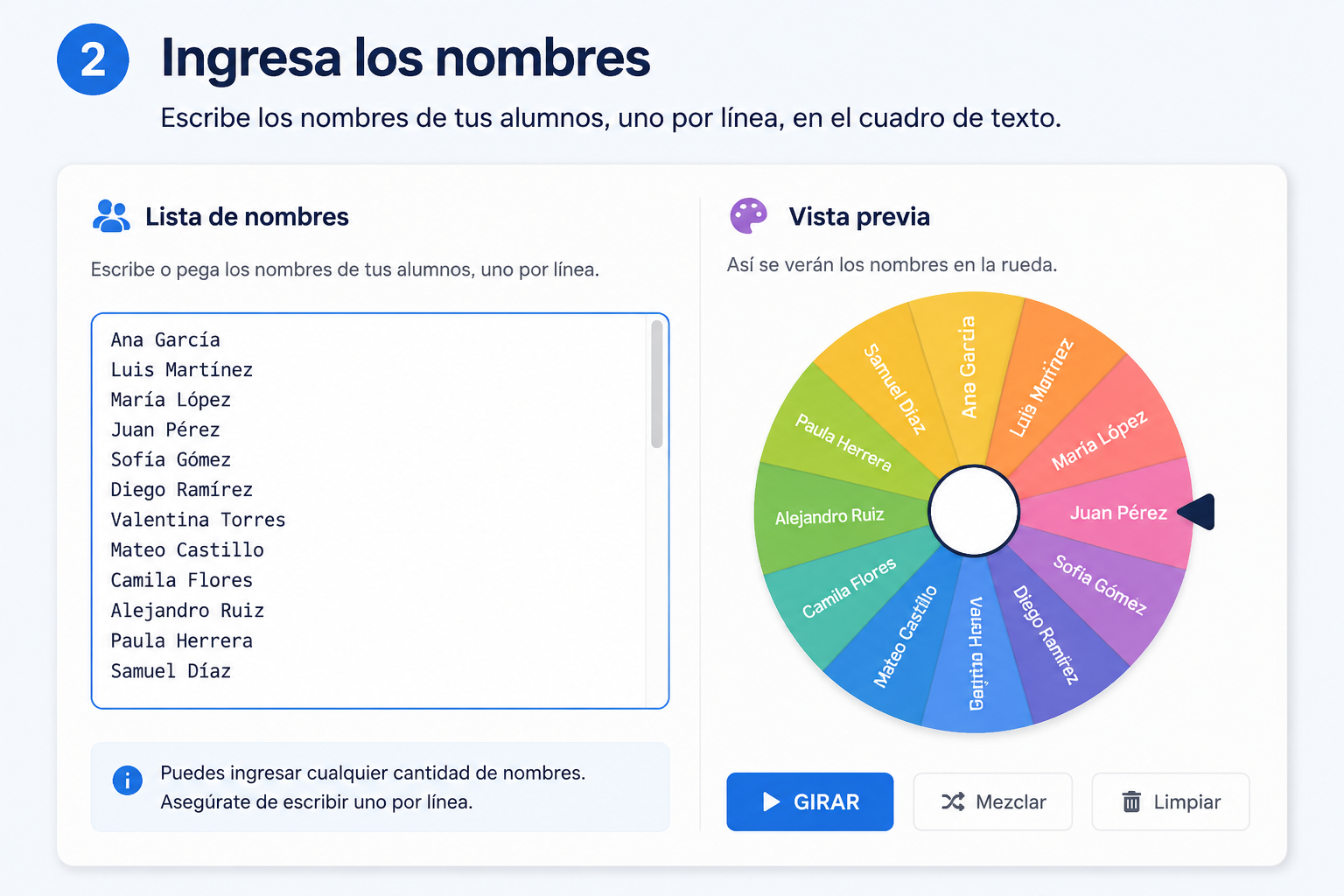 Captura del panel de entrada de lista de nombres del selector de estudiantes aleatorio, mostrando un cuadro de texto con varios nombres escritos.