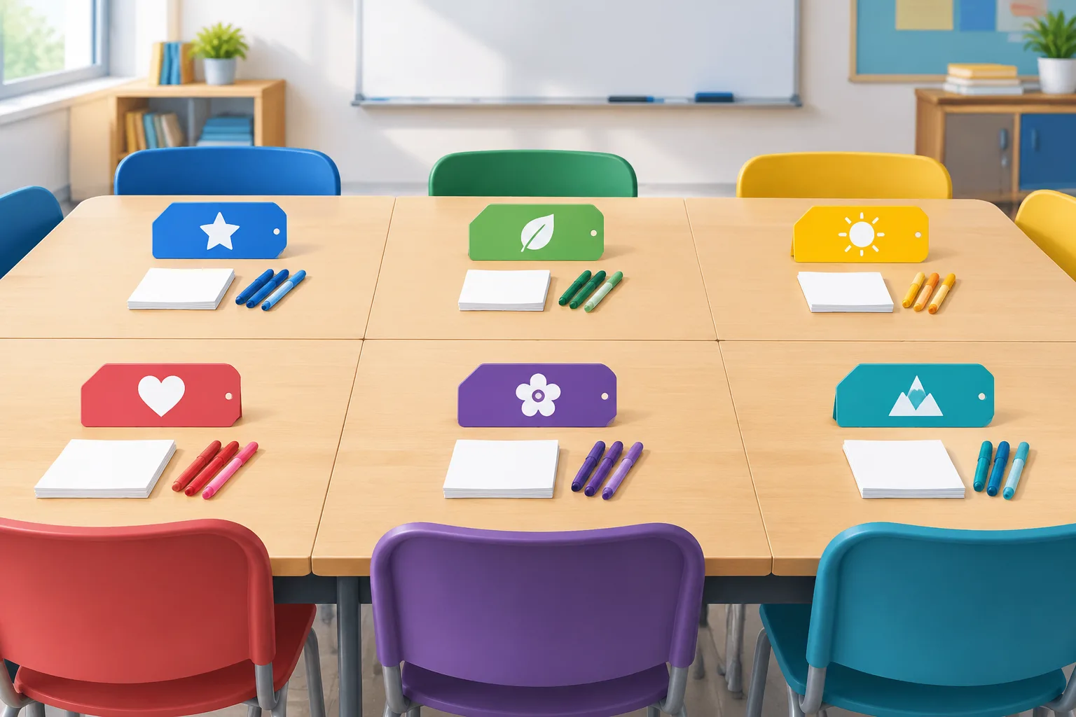 Clean 16:9 illustration of a classroom table divided into six groups