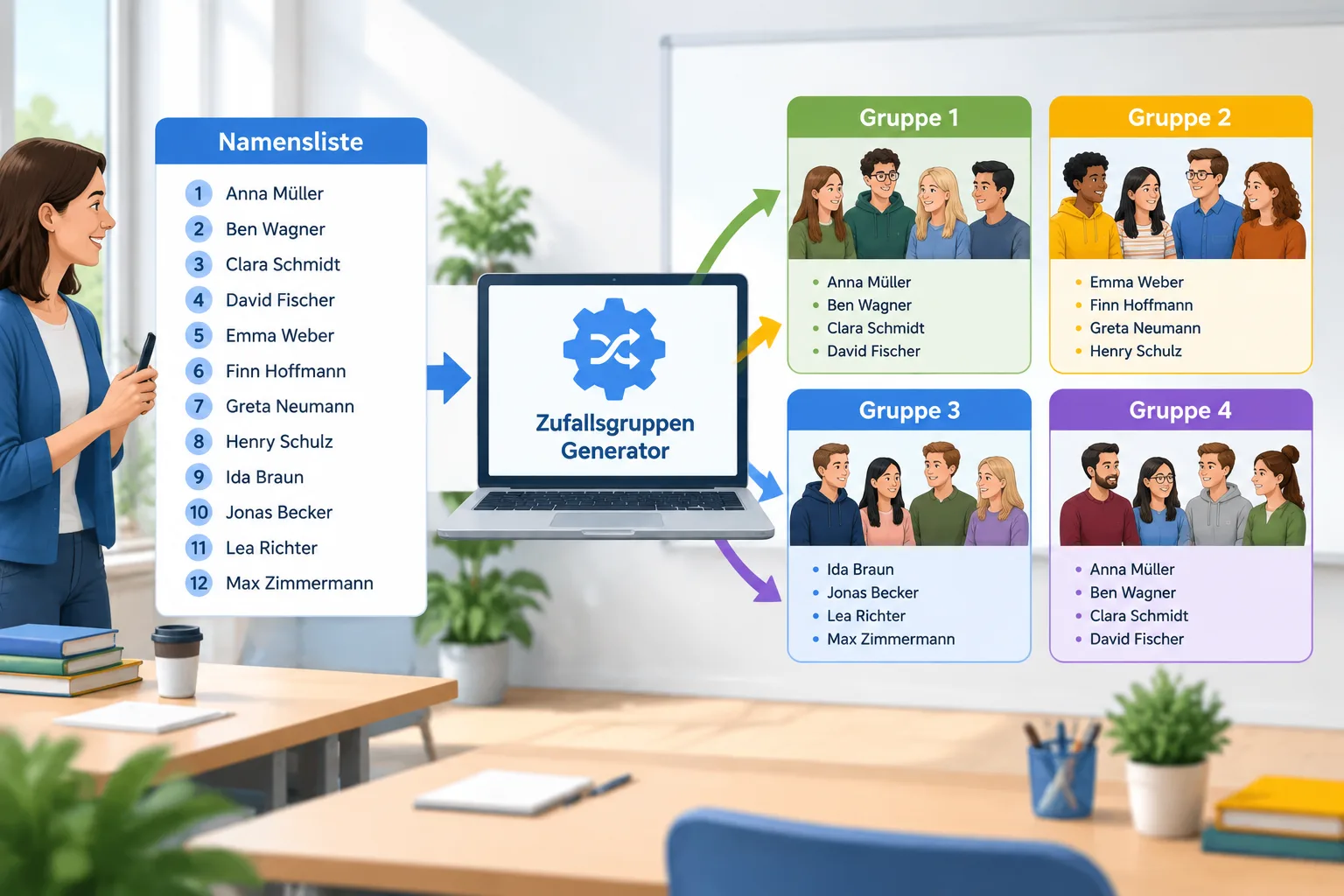 Klares Schaubild: eine Namensliste wird von einem Zufallsgruppen-Generator in vier gleich große