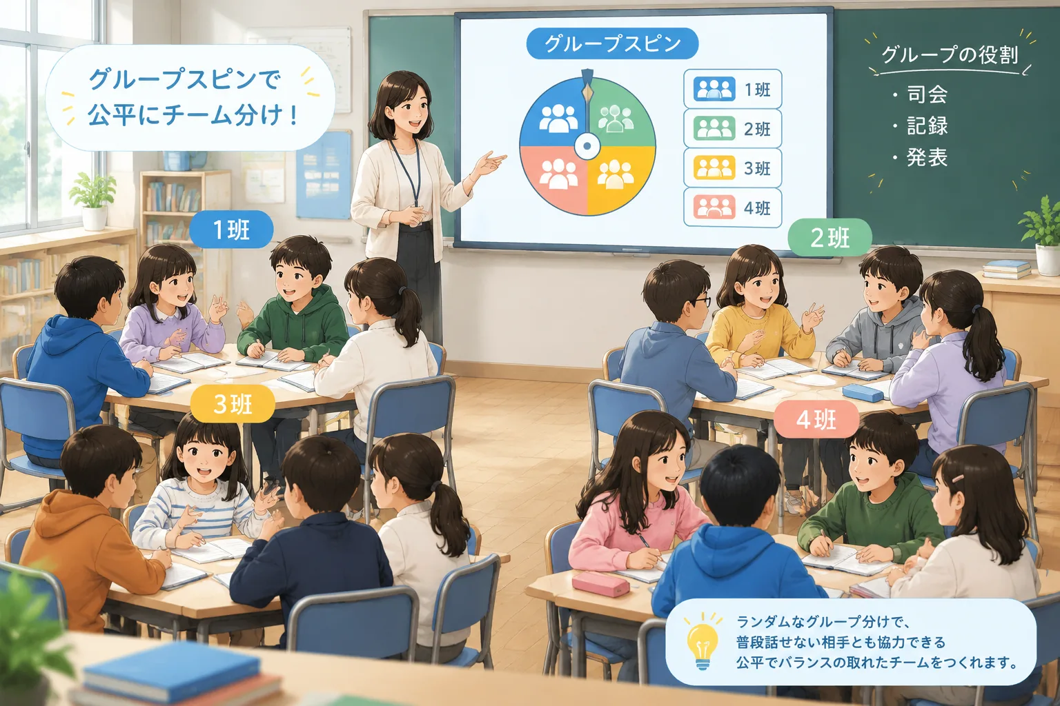 teacher-friendly workflow illustration showing classroom participants divided into balanced groups