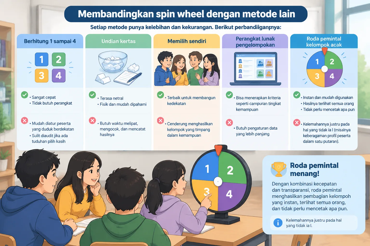 Tabel perbandingan metode pembagian kelompok acak di kelas dan pelatihan