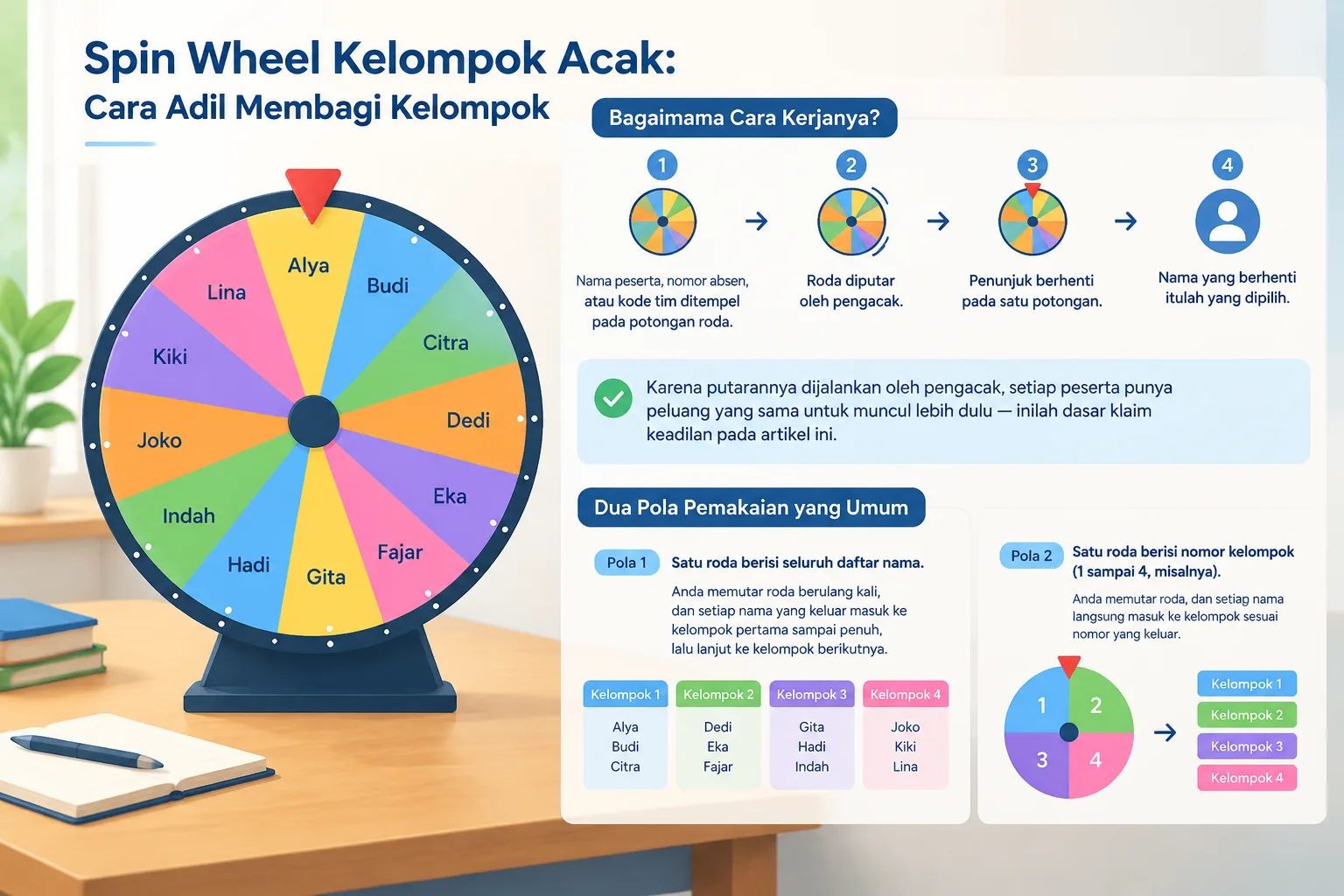 Diagram roda pemintal berisi nama peserta, penunjuk berhenti dan membentuk kelompok berwarna berbeda
