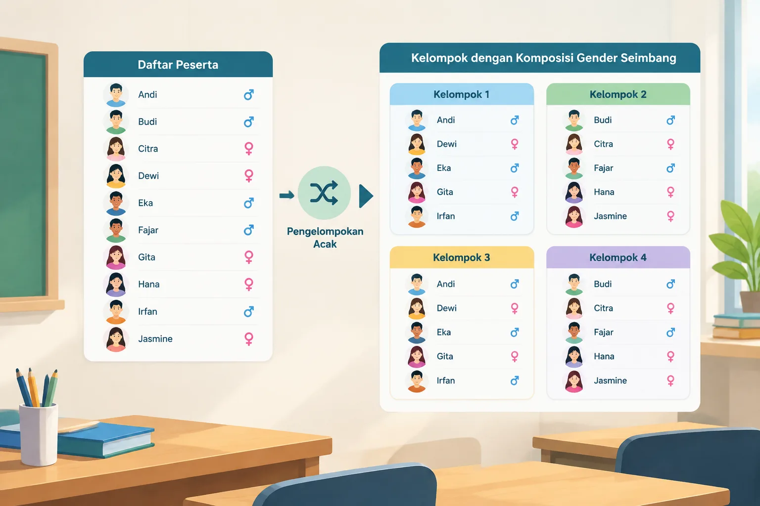 Diagram instruksional yang menunjukkan daftar peserta berubah menjadi beberapa kelompok dengan kompo