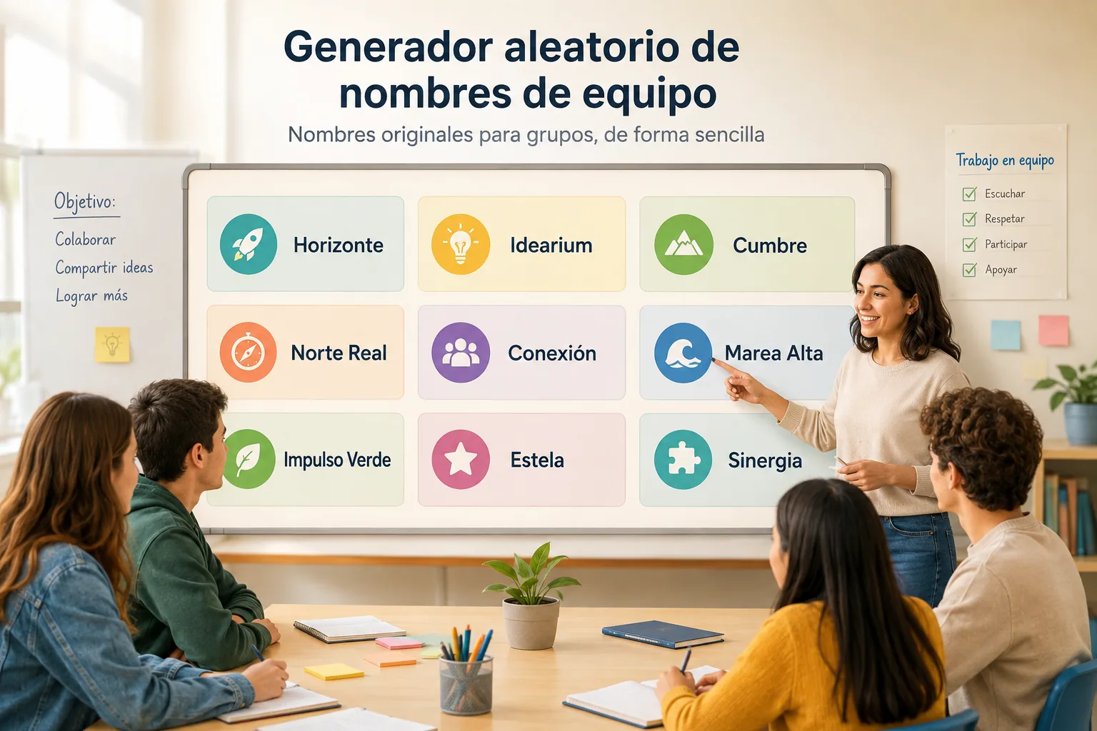 Ilustración educativa de una cuadrícula de equipos con nombres creados al azar durante una actividad