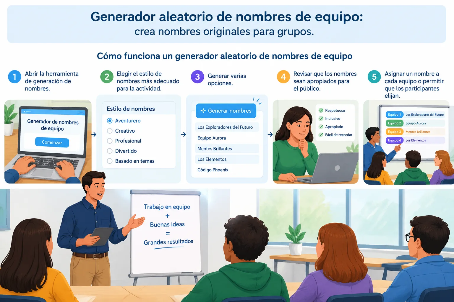 Diagrama sencillo que muestra los pasos generar revisar y asignar nombres de equipo