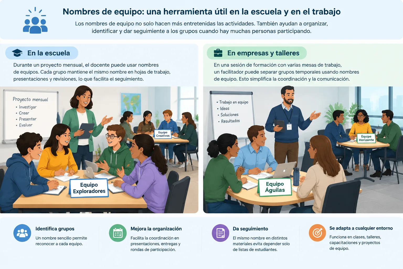 Infografía neutral comparando el uso de nombres de equipo en una clase y en un taller profesional