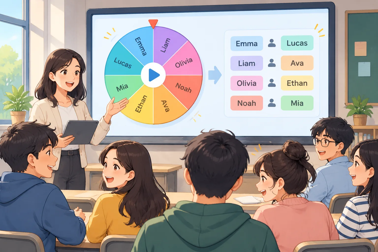 Clean instructional illustration of a spinning wheel of name slots pairing into random two-person gr