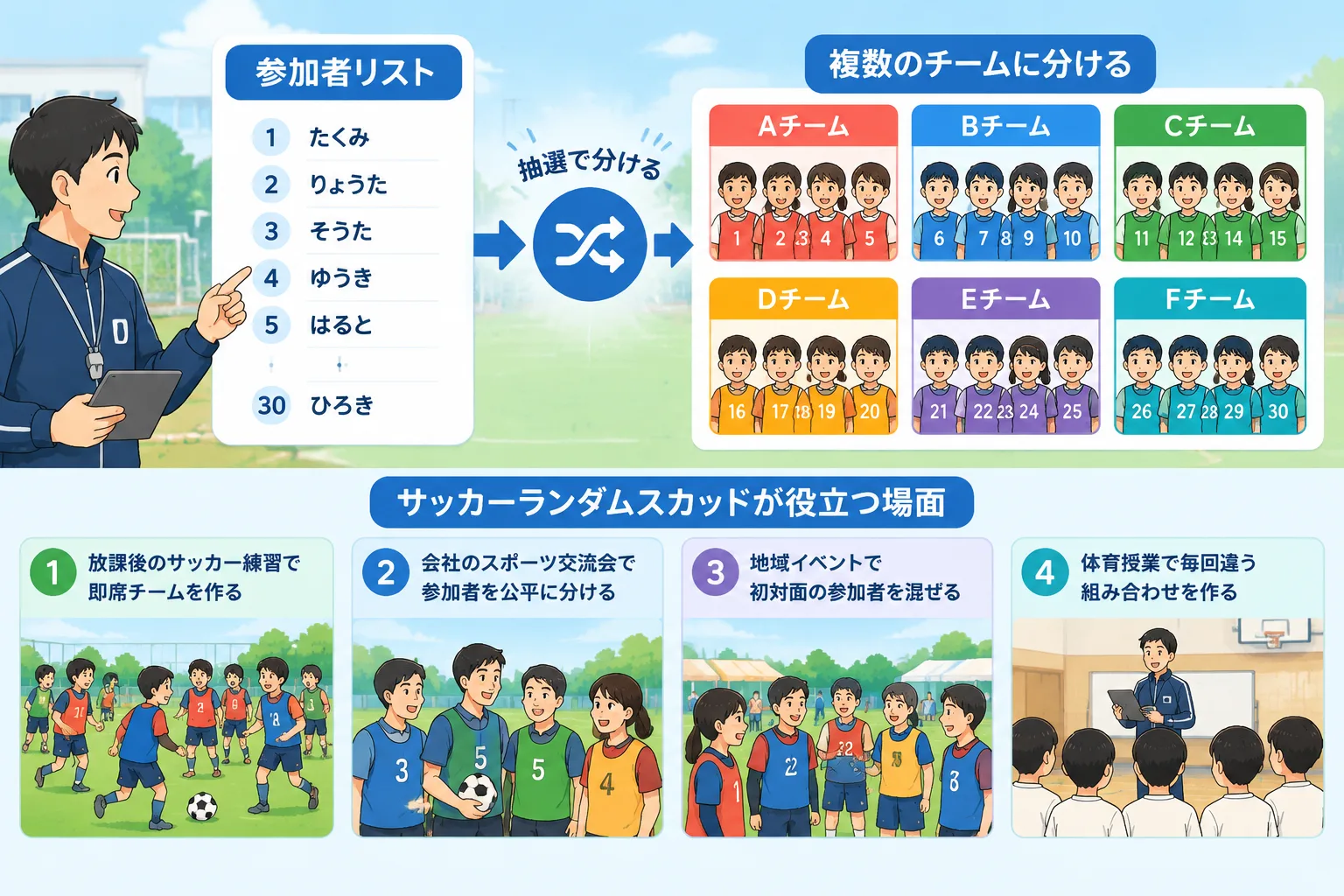 サッカー参加者リストから複数チームへ分けるシンプルな組み合わせ図
