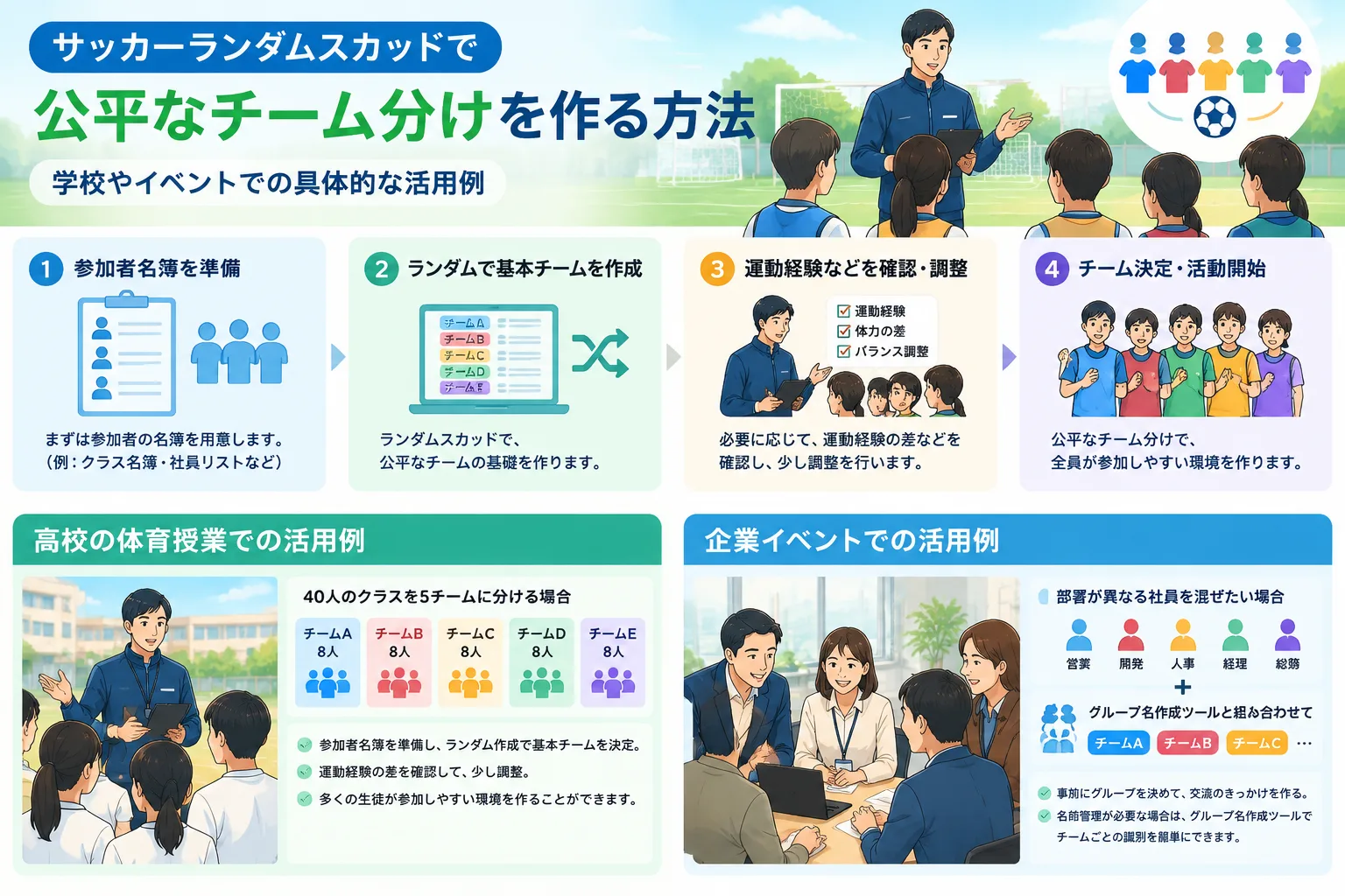 スポーツイベントで参加者を均等なグループへ整理する教育向け図解