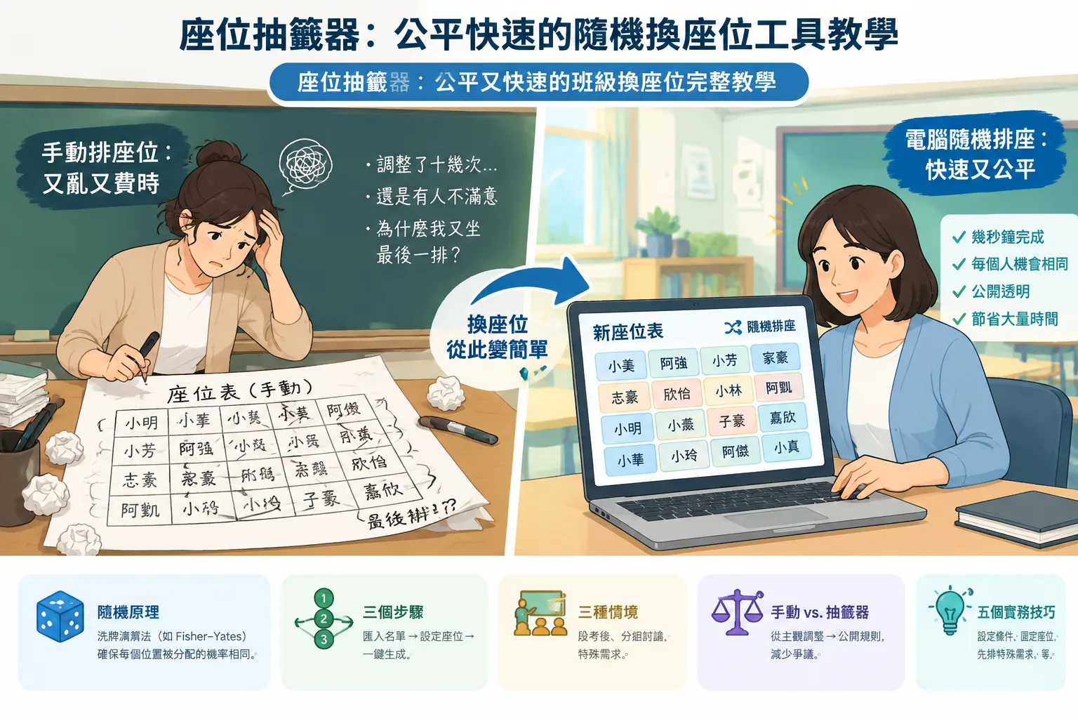 clean instructional illustration contrasting a teacher's messy hand-drawn seating chart