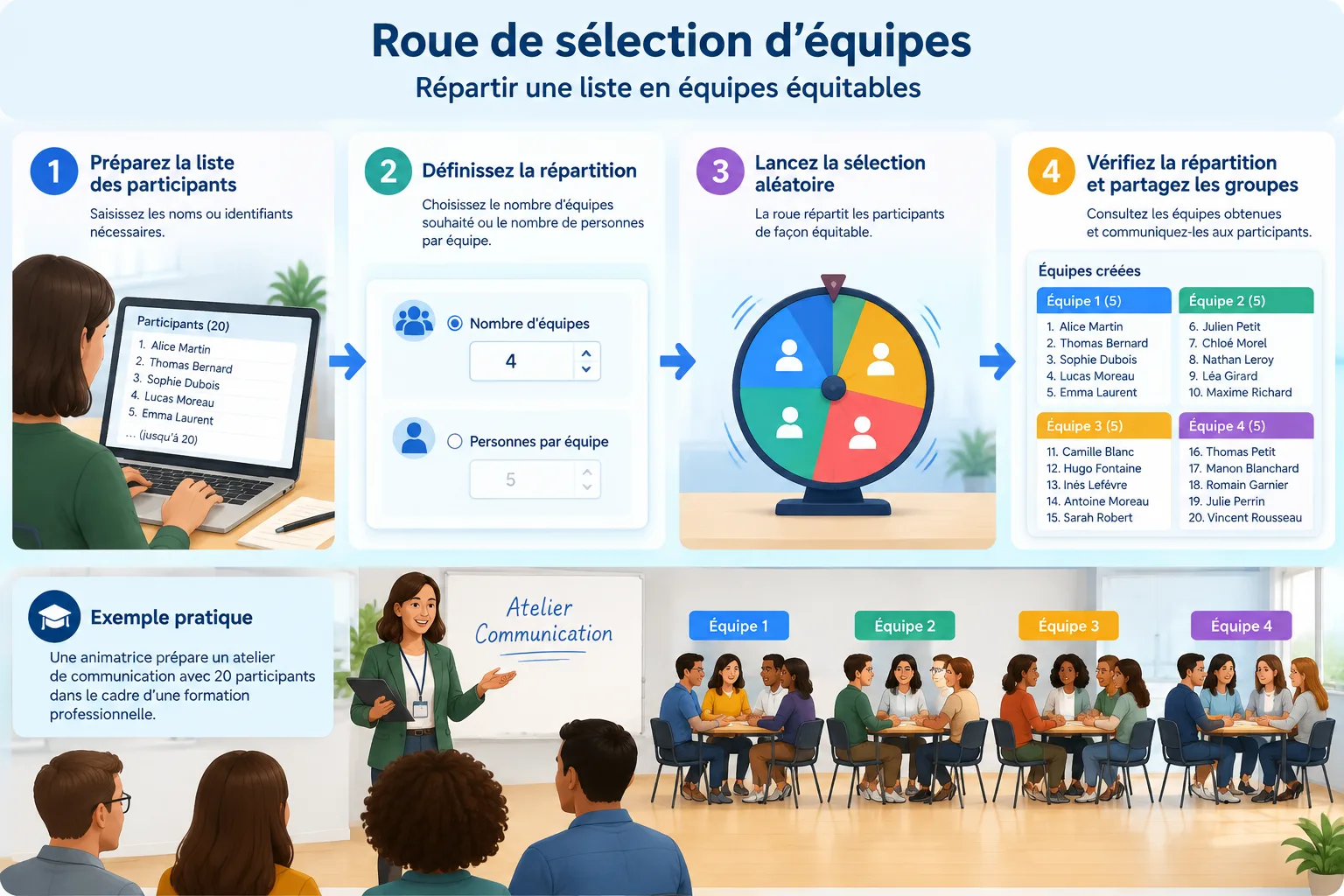 Diagramme simple montrant quatre étapes de création d’équipes depuis une liste de noms jusqu’aux gro