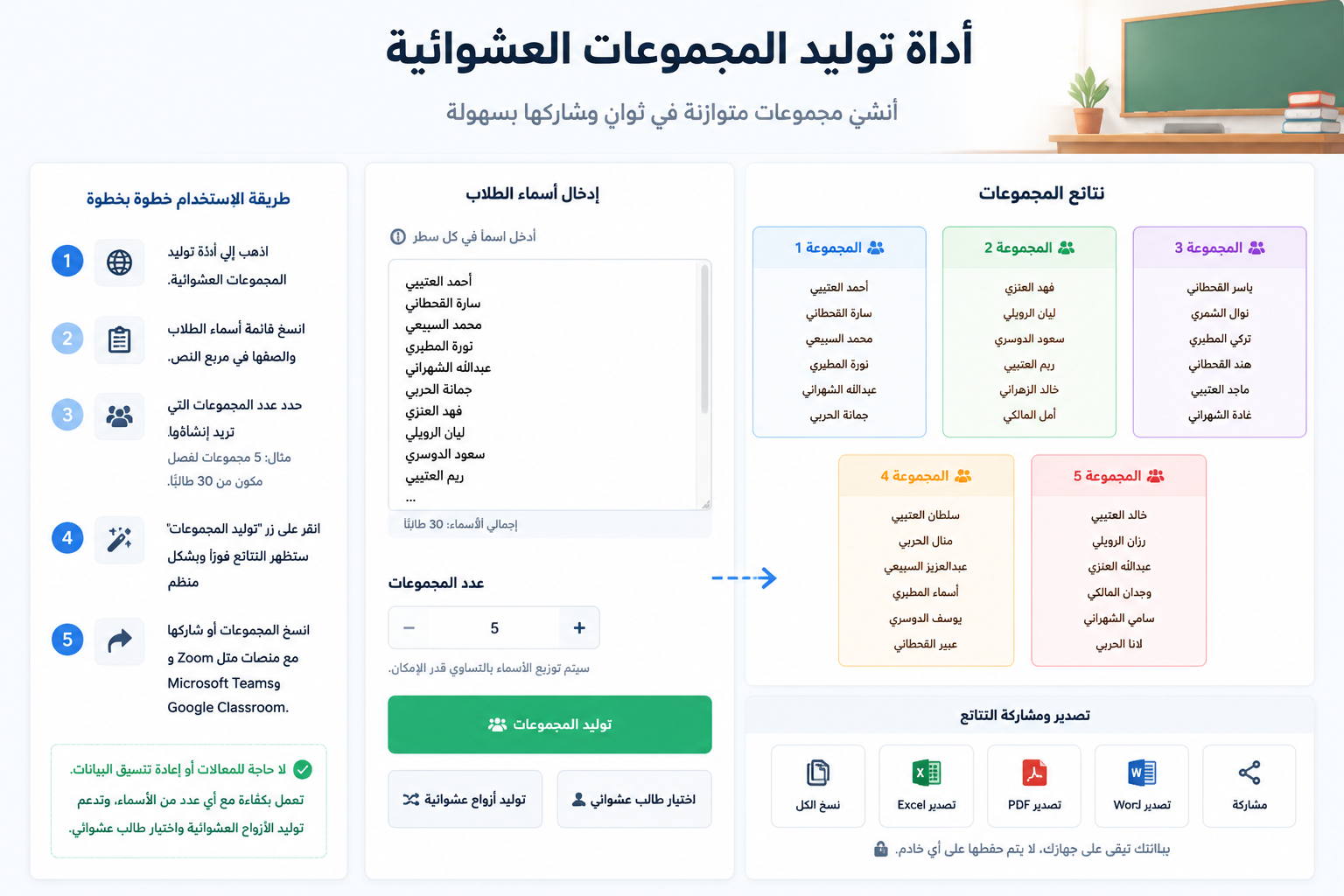 لقطة شاشة توضيحية لواجهة أداة توليد المجموعات العشوائية تعرض إدخال الأسماء وتوزيع المجموعات