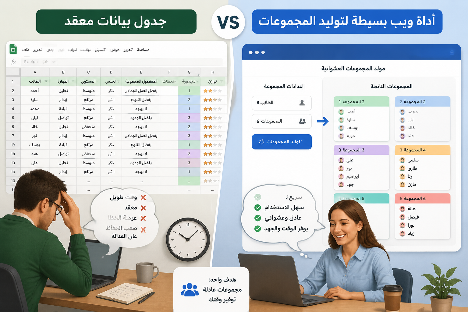 مقارنة بصرية بين جدول بيانات معقد وأداة ويب بسيطة لتوليد المجموعات