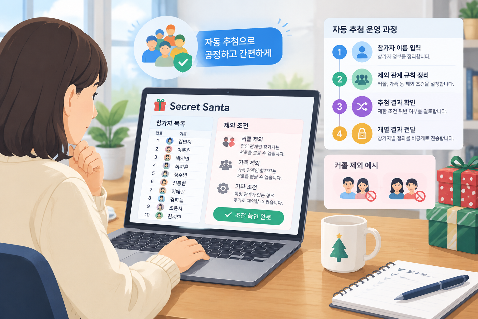 비밀 산타 참가자 목록과 제한 조건을 확인하는 깔끔한 작업 화면 일러스트