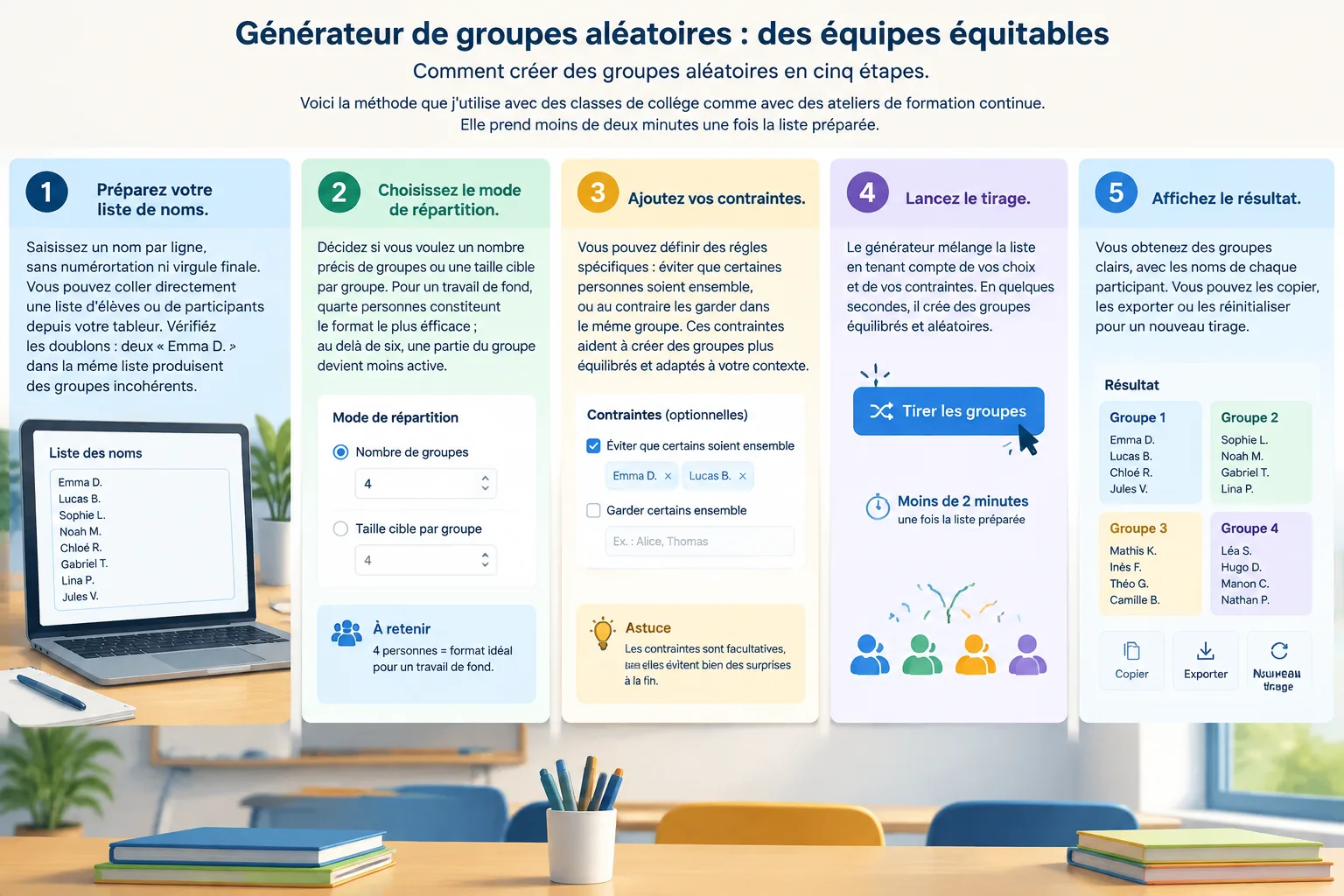 Schéma en cinq étapes montrant la saisie d'une liste