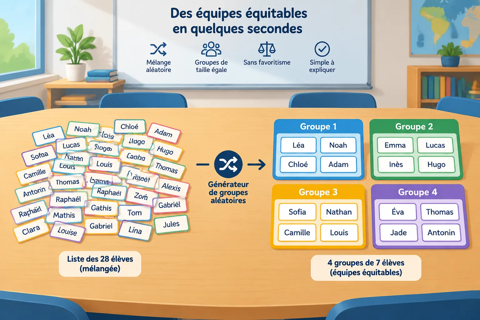 Illustration pédagogique épurée montrant une liste de cartes-prénoms mélangées puis réparties en qua