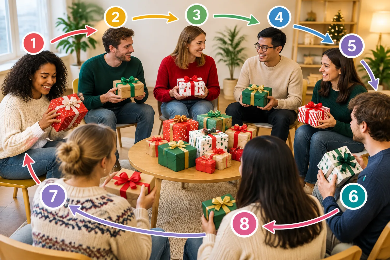 Klares Lehrdiagramm eines White-Elephant-Geschenkekreises mit verpackten Gaben und nummerierten Spie