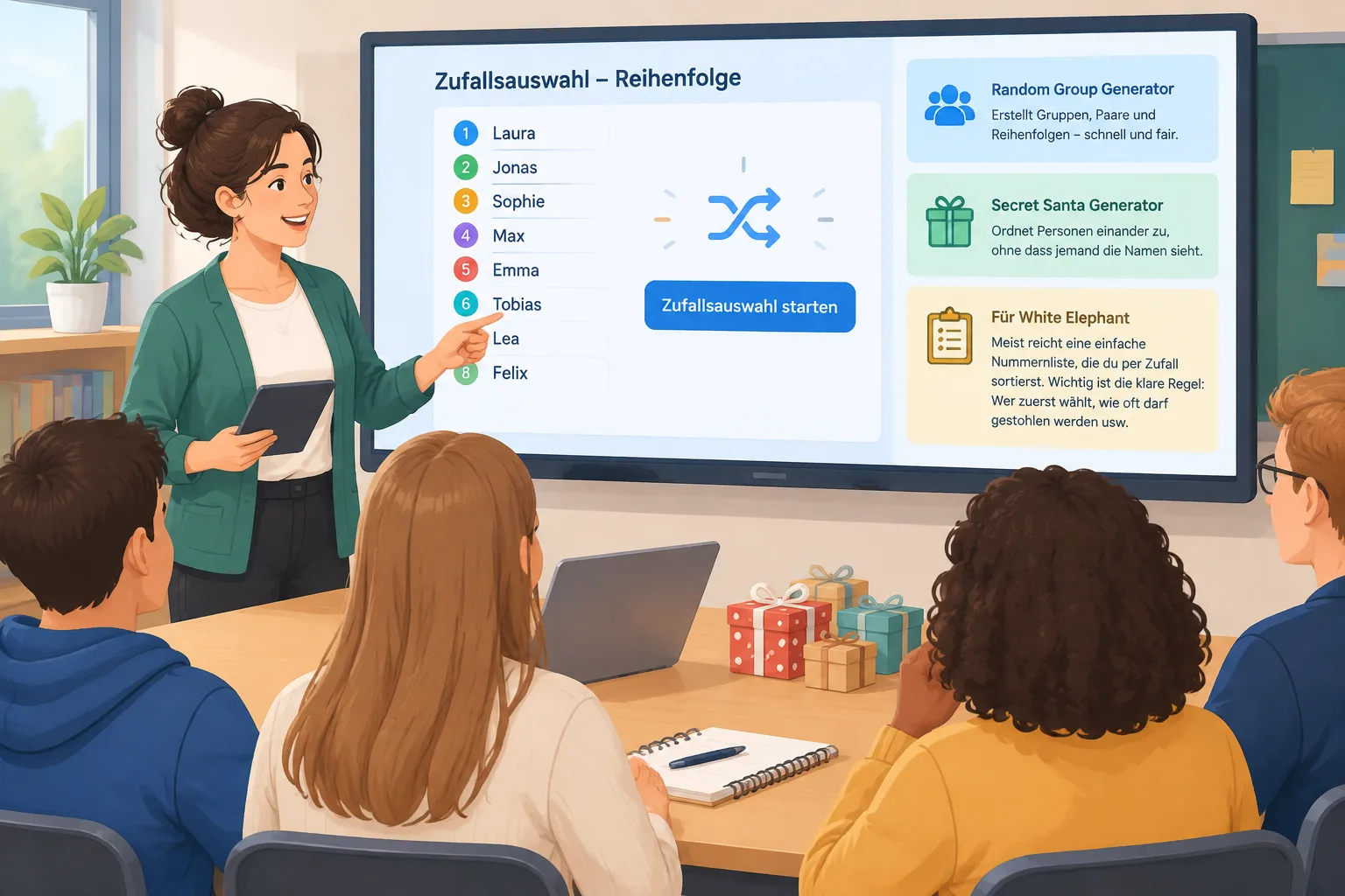Klassenzimmerfreundliche Illustration einer Lehrkraft