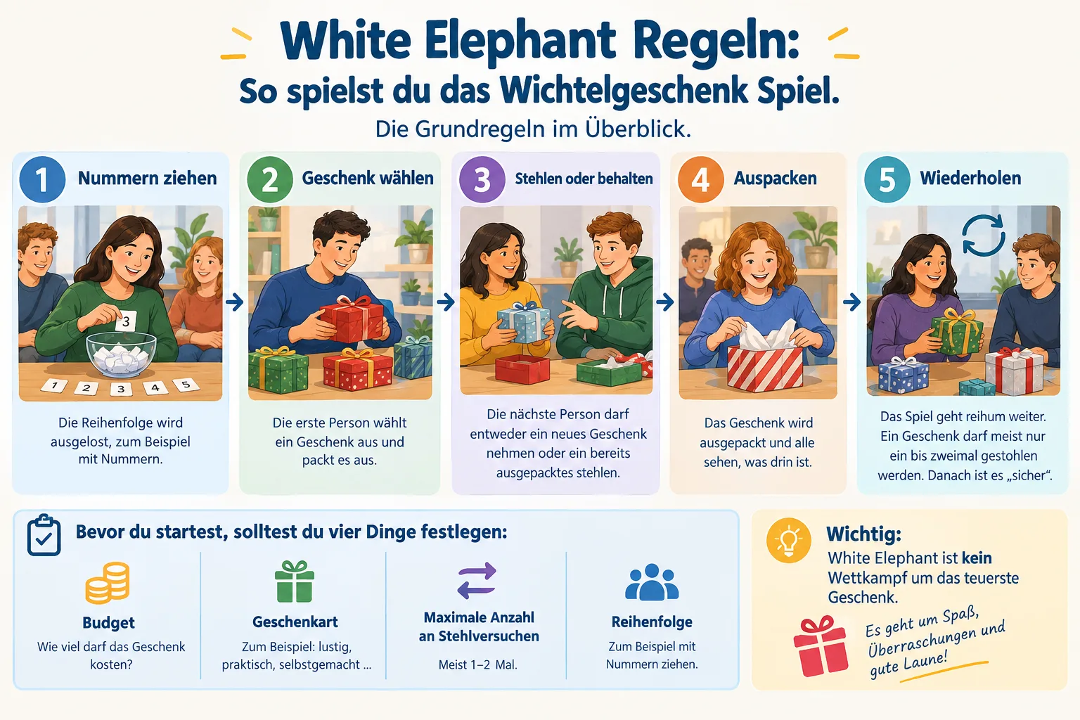 Schritt-für-Schritt-Flussdiagramm der White-Elephant-Regeln: Nummern ziehen