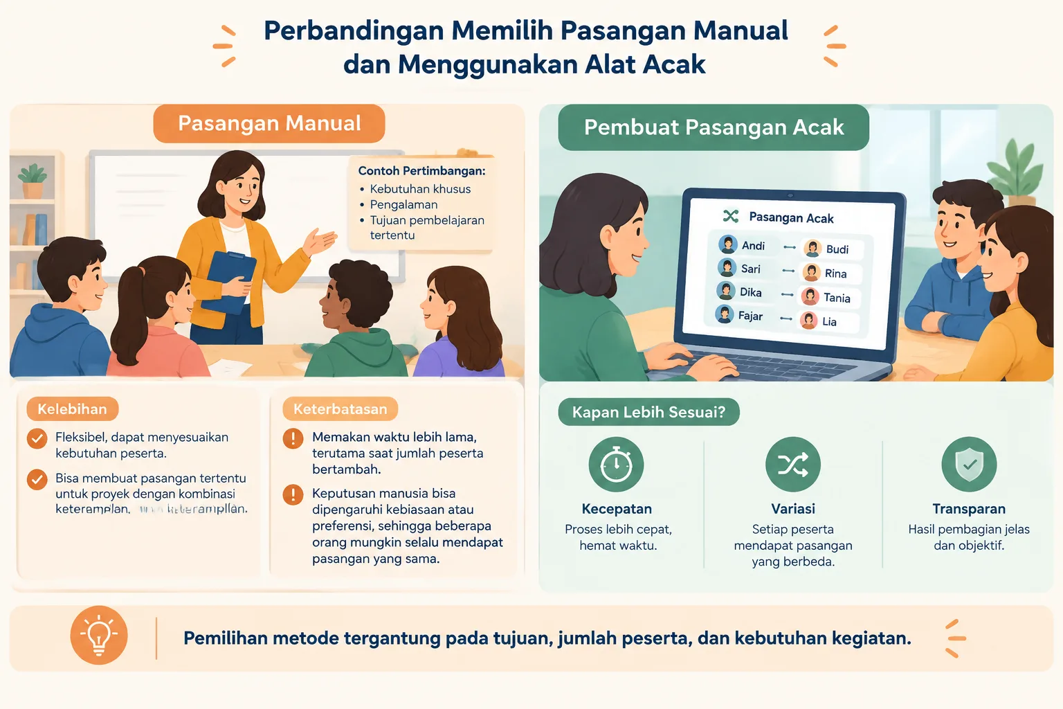 neutral comparison infographic showing manual pairing versus automated random pairing workflow
