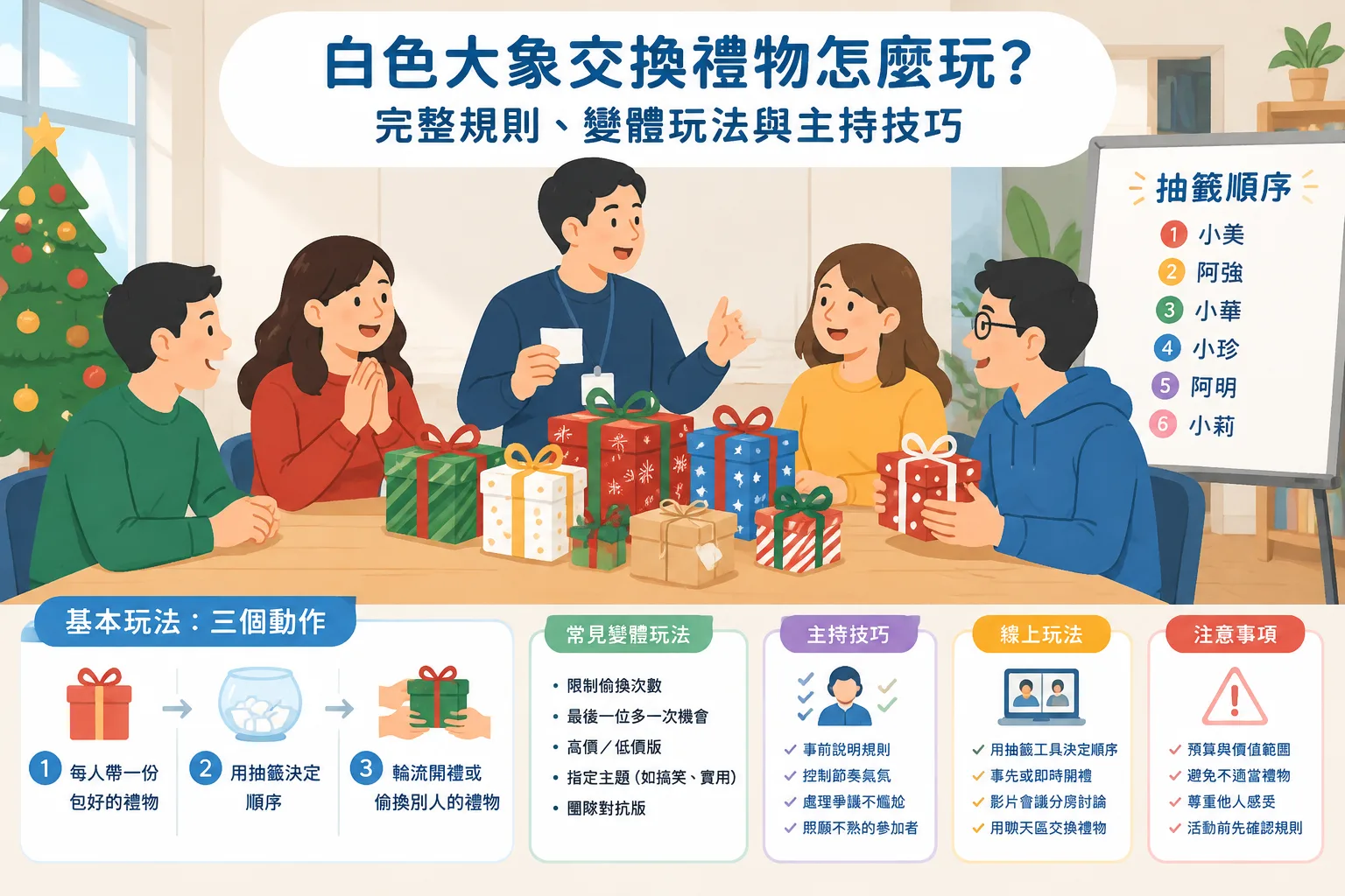 Flat instructional illustration of simple human figures around a table
