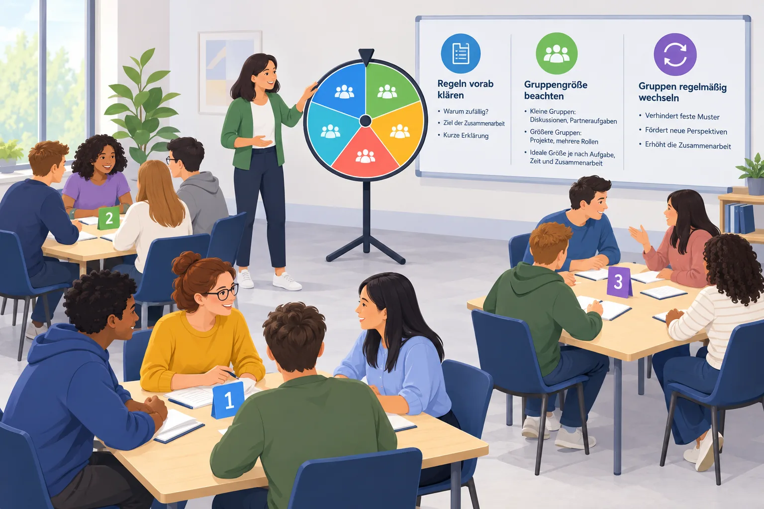 Eine Workshop-Illustration mit mehreren kleinen Gruppen an Tischen und einem einfachen Auswahlrad al