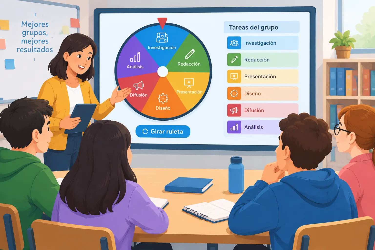 Ilustración educativa de una ruleta digital que asigna tareas a diferentes miembros de un grupo con